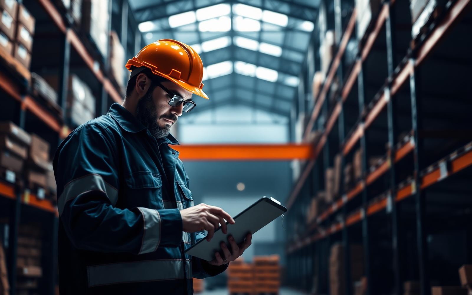 Warehouse operator reviewing inventory on a tablet